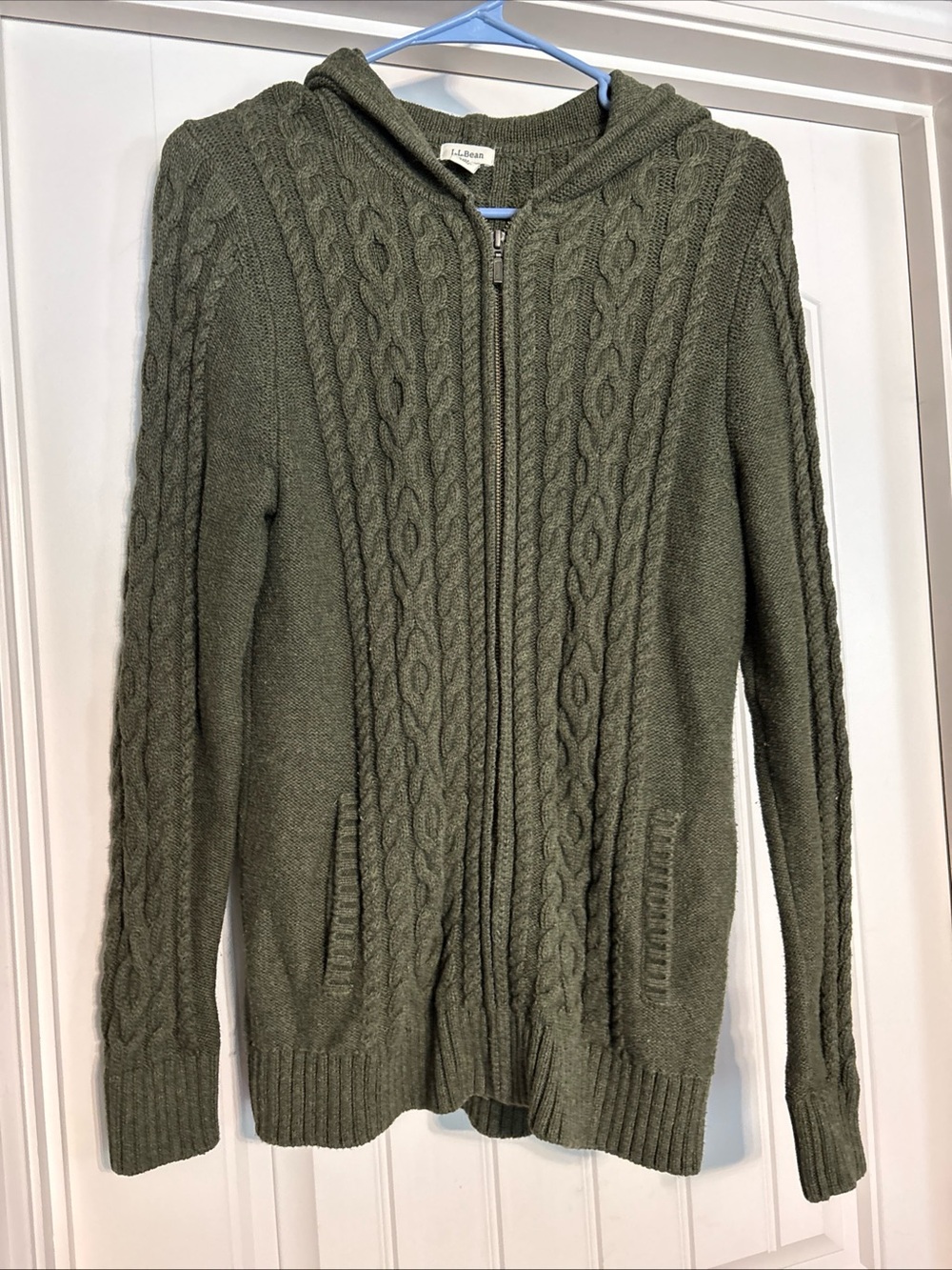 L.L. Bean Olive Cable Knit Zip-Up Hoodie Sweater with pockets